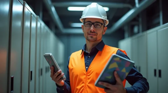 Professionnel en tenue de sécurité tenant un carnet dans un environnement industriel avec équipements électriques en arrière-plan flou, atmosphère naturelle