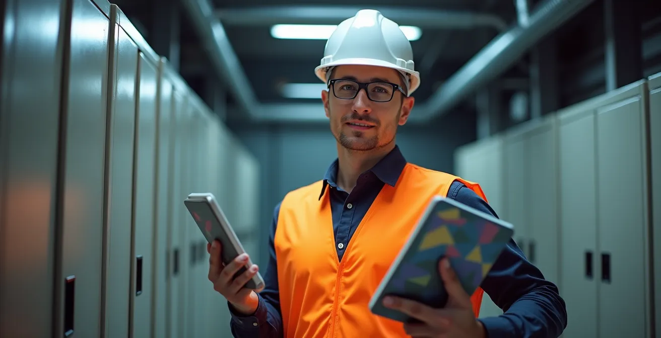 Professionnel en tenue de sécurité tenant un carnet dans un environnement industriel avec équipements électriques en arrière-plan flou, atmosphère naturelle