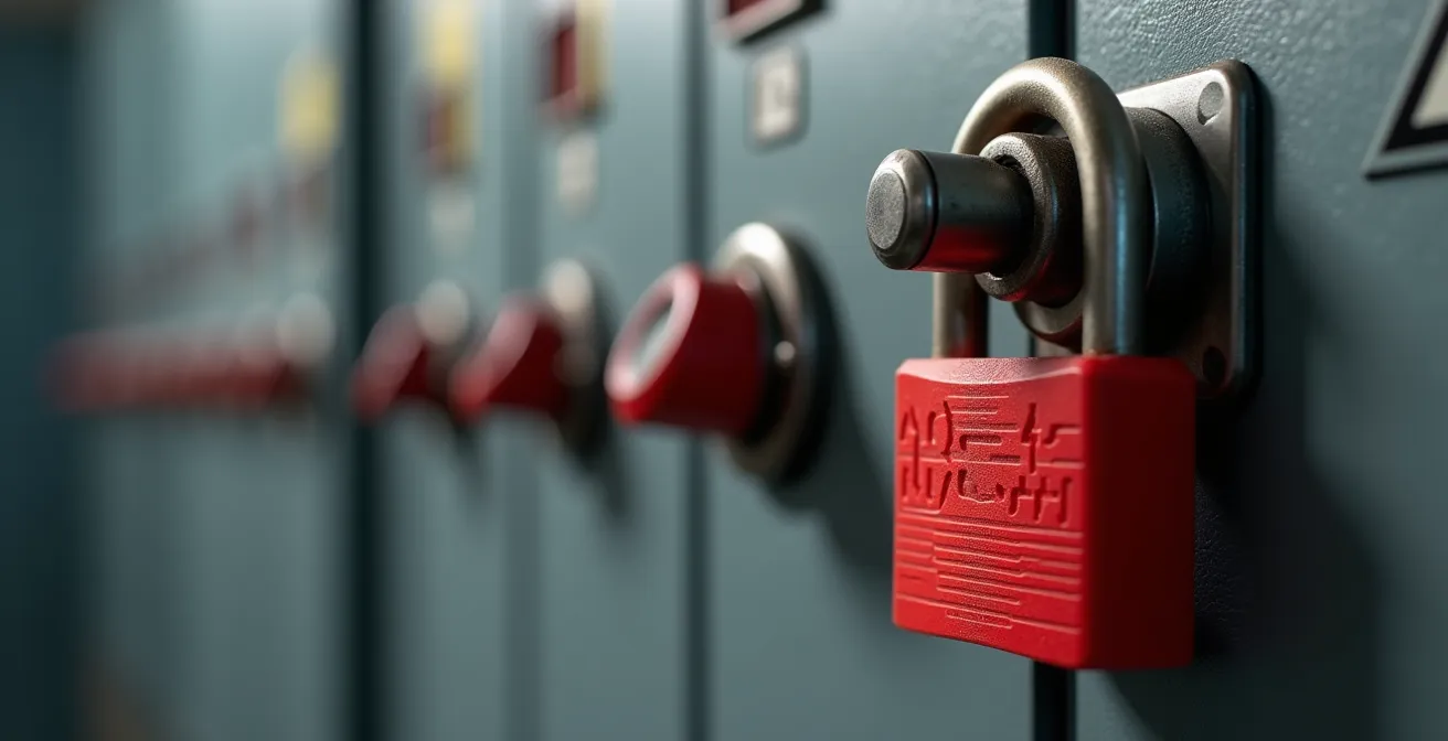 Gros plan macro sur un cadenas de consignation rouge fixé sur un disjoncteur industriel, texture métallique détaillée, lumière rasante créant des ombres douces