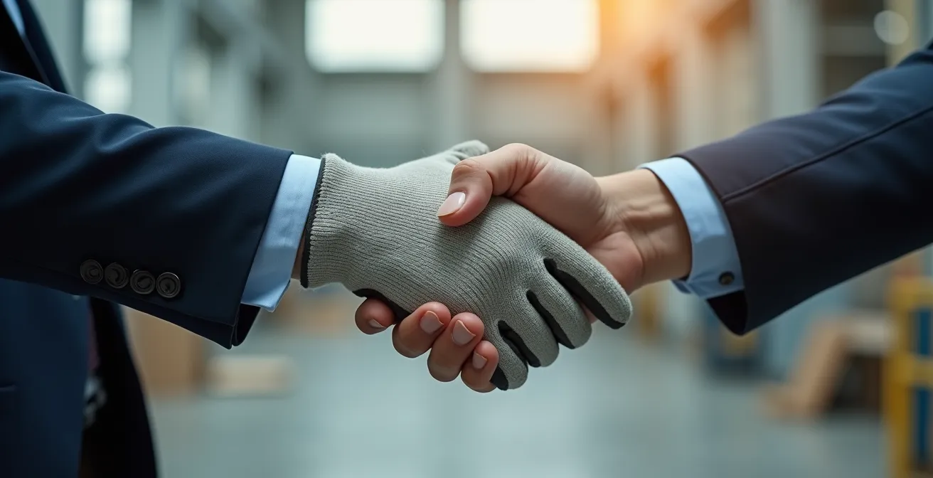 Deux mains professionnelles se serrant dans un environnement industriel lumineux, symbolisant l'engagement mutuel et la confiance, arrière-plan épuré