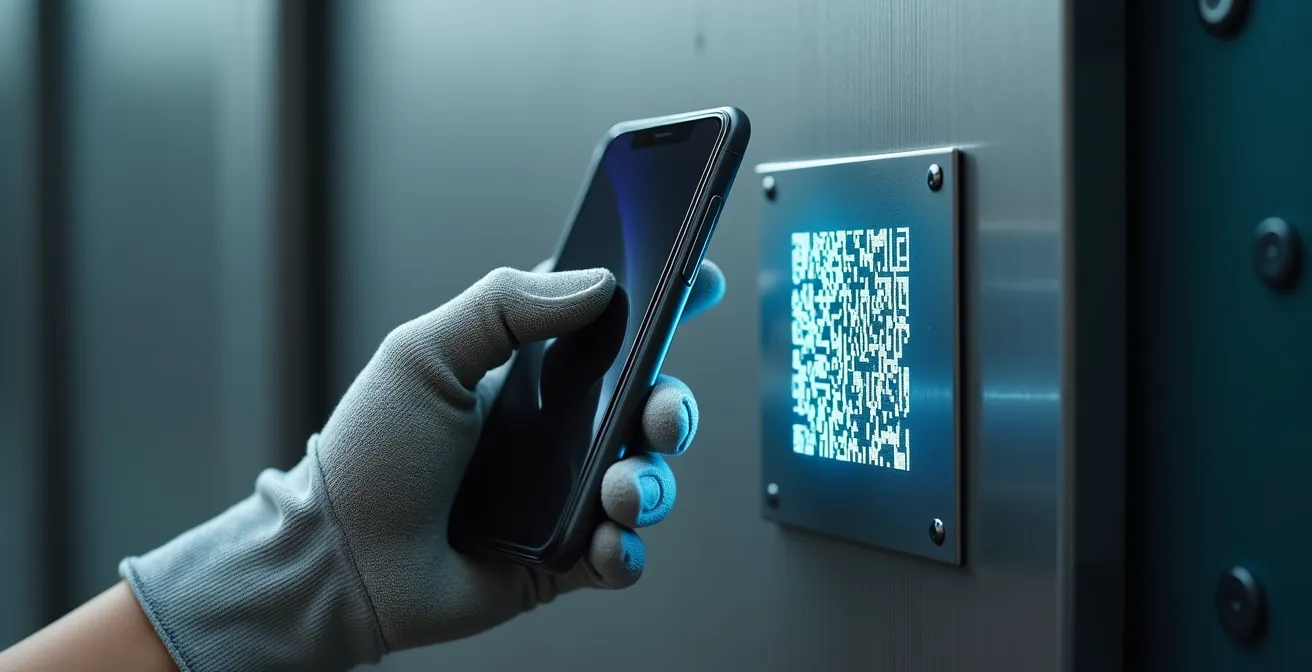 Gros plan sur une main tenant un smartphone scannant un code QR fixé sur un équipement industriel métallique, lumière naturelle douce, profondeur de champ réduite