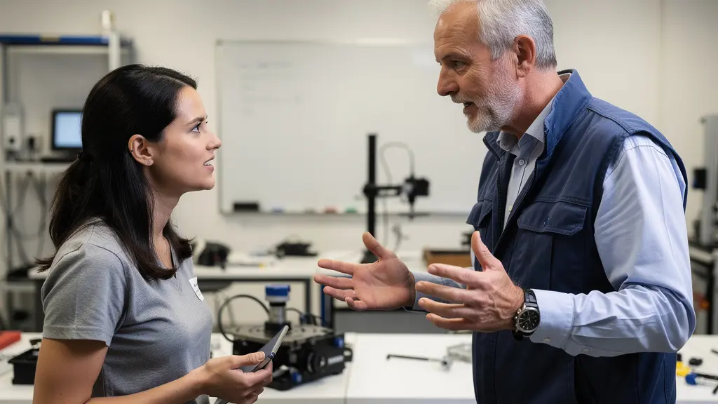 Formateur expliquant un concept technique à une stagiaire en formation continue