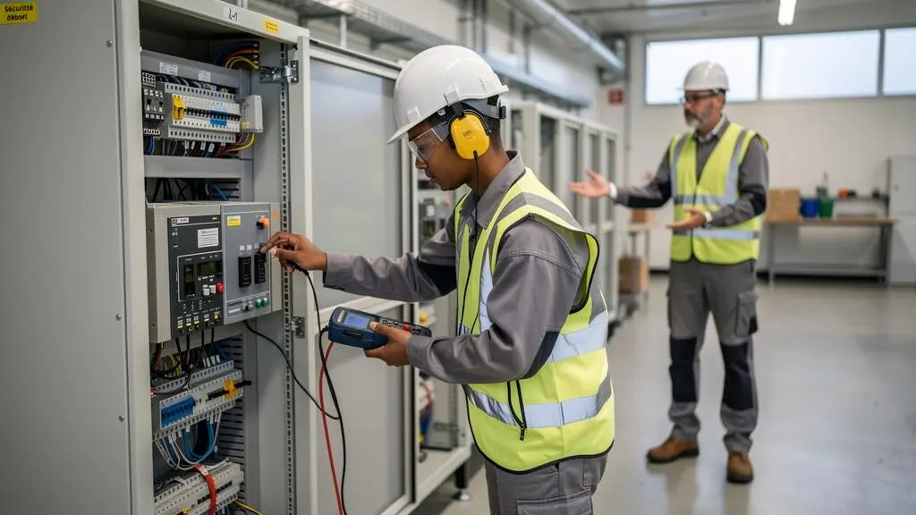 Jeune alternant travaillant sur un équipement technique dans un atelier industriel moderne du Grand Lyon, accompagné par un professionnel expérimenté