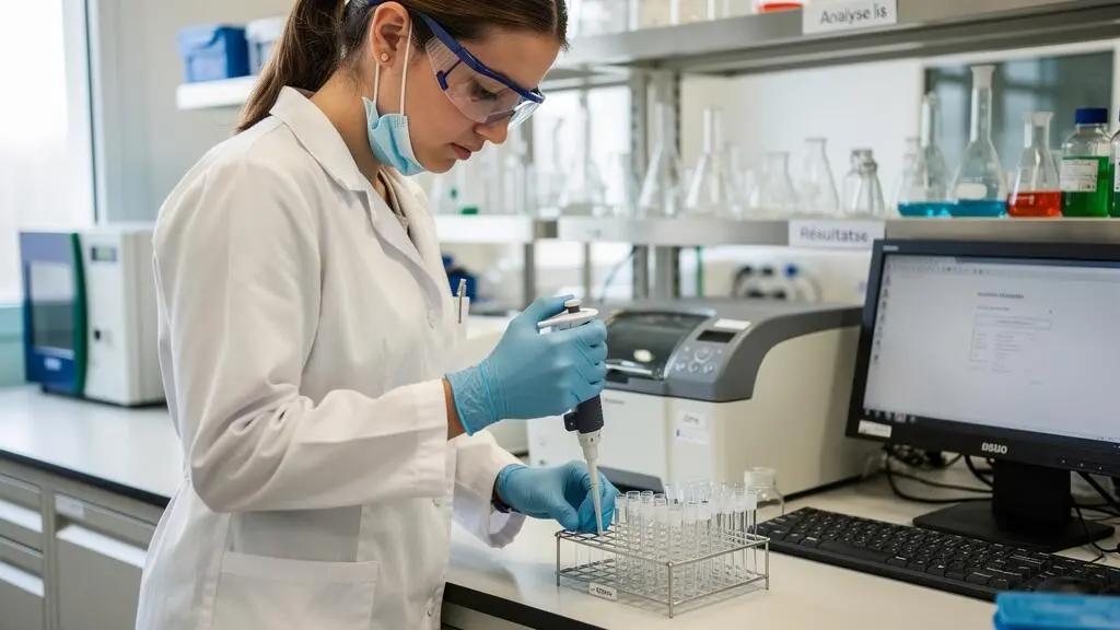 Alternante en blouse de laboratoire effectuant une manipulation technique précise dans un laboratoire moderne