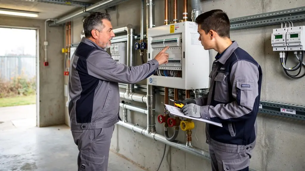 Maître d'apprentissage expliquant une technique d'installation à un jeune alternant sur un chantier technique