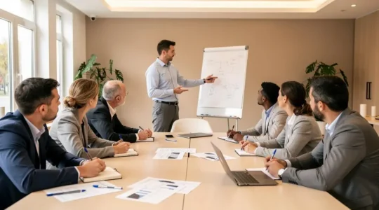 Formateur animant une session de formation inter-entreprise avec un groupe de professionnels dans un centre de formation moderne