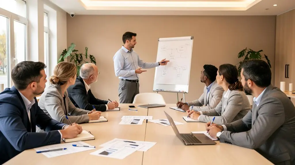 Formateur animant une session de formation inter-entreprise avec un groupe de professionnels dans un centre de formation moderne