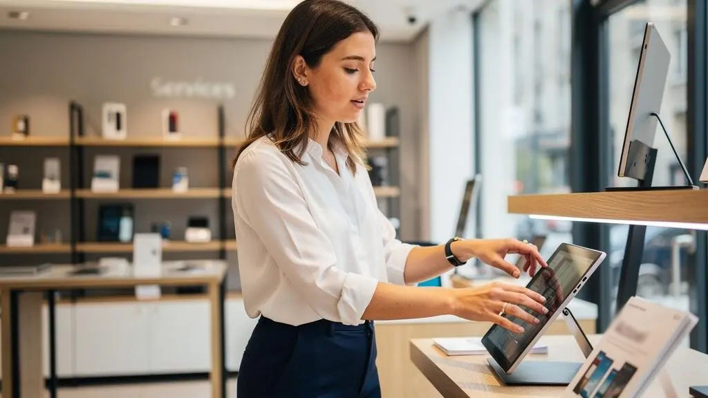 Jeune alternante dans une posture professionnelle confiante dans un espace commercial moderne