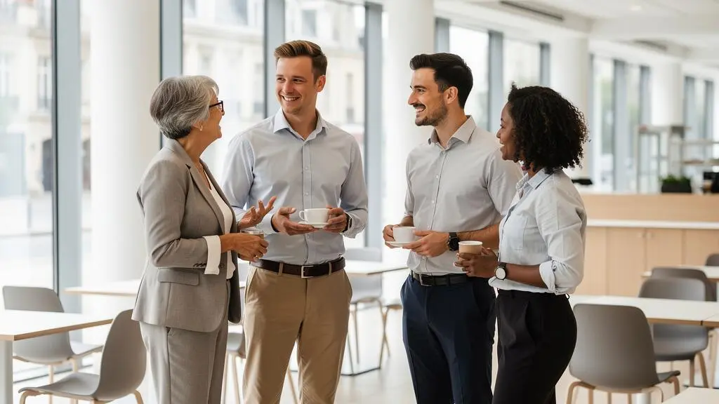 Professionnels de différentes entreprises échangeant lors d'une pause networking pendant une formation inter-entreprise